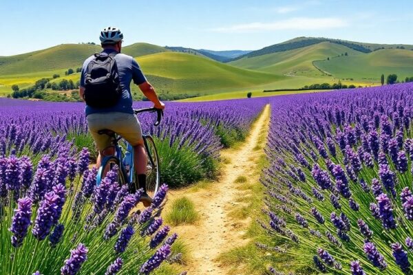Cycliste pédalant dans un champ de lavande provençal