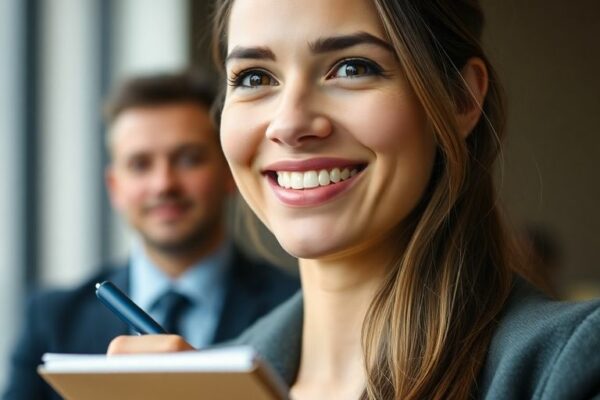 Femme souriante, bloc-notes, formation PNL