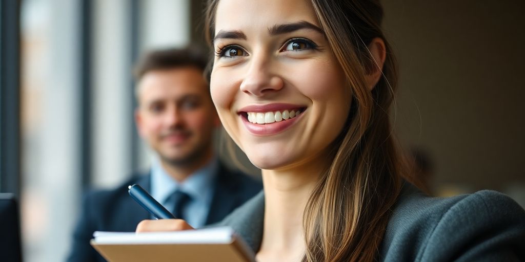 Femme souriante, bloc-notes, formation PNL