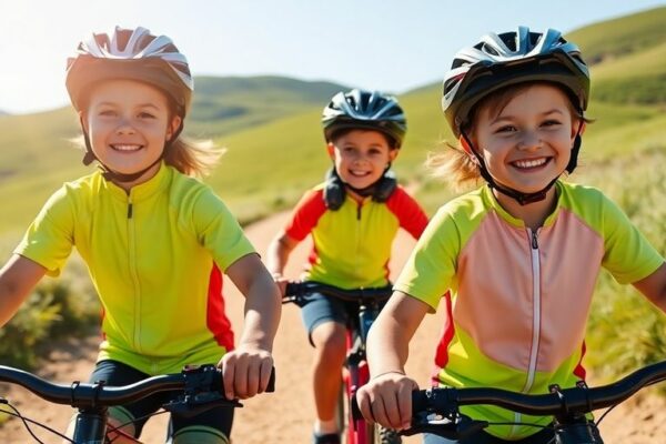 Enfants à vélo VTT, souriants, en pleine nature provençale, jour ensoleillé.