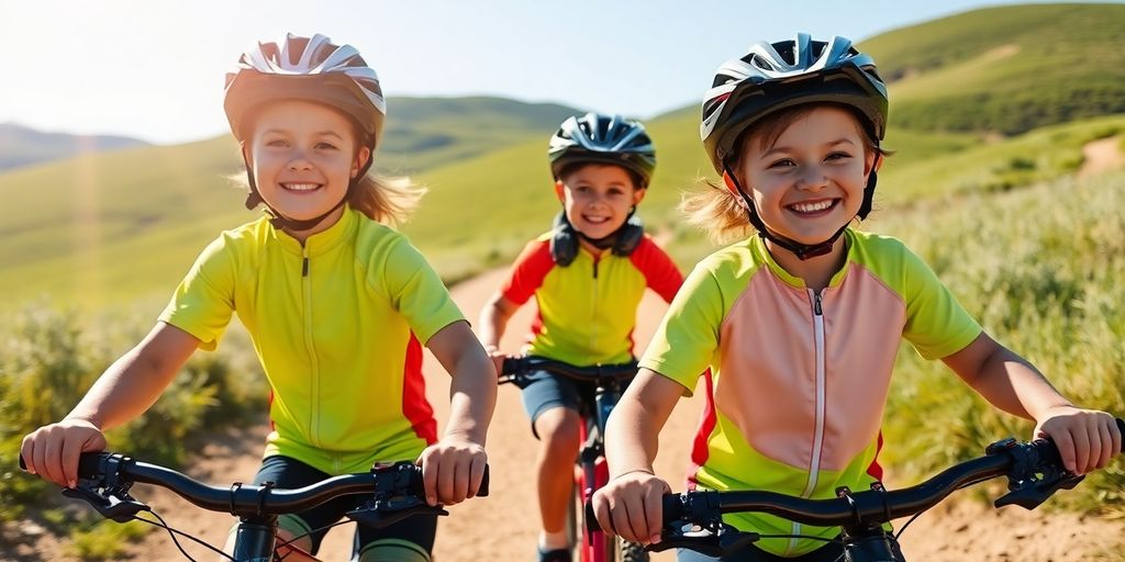 Enfants à vélo VTT, souriants, en pleine nature provençale, jour ensoleillé.