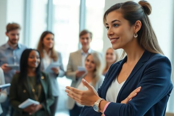 Personnes souriantes échangeant dans une salle de formation lumineuse.
