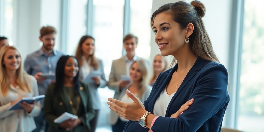 Personnes souriantes échangeant dans une salle de formation lumineuse.