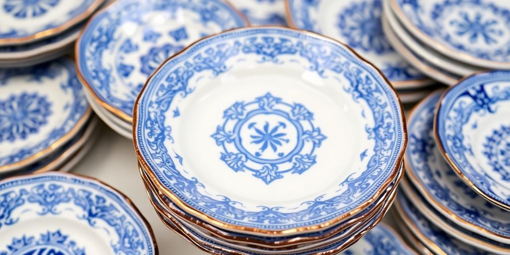 Soucoupes en faïence bleues et blanches assorties