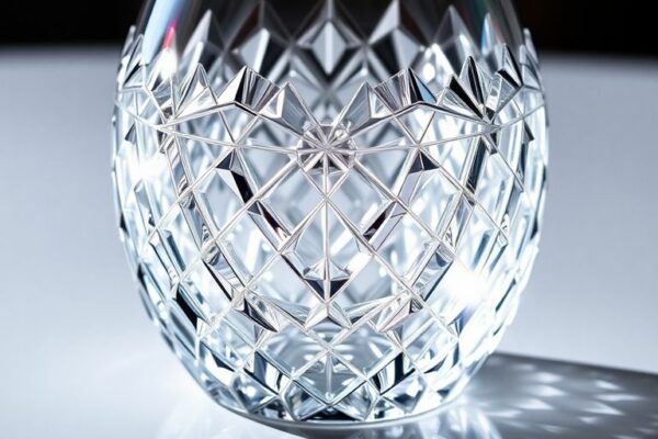 Carafe en cristal étincelante sur fond sombre.