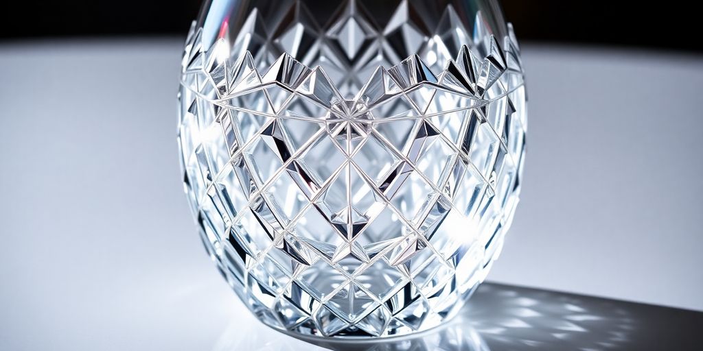 Carafe en cristal étincelante sur fond sombre.