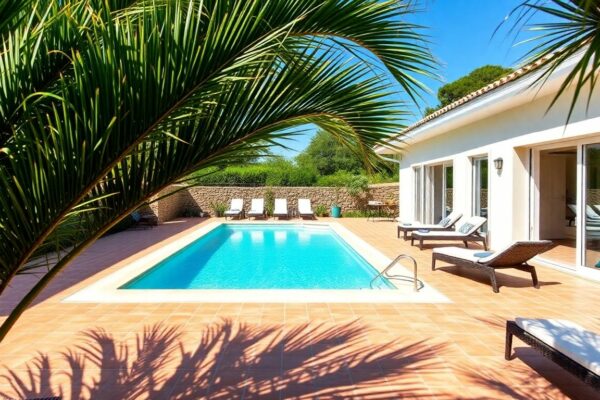 Villa Airbnb à Mandelieu avec piscine et palmiers.