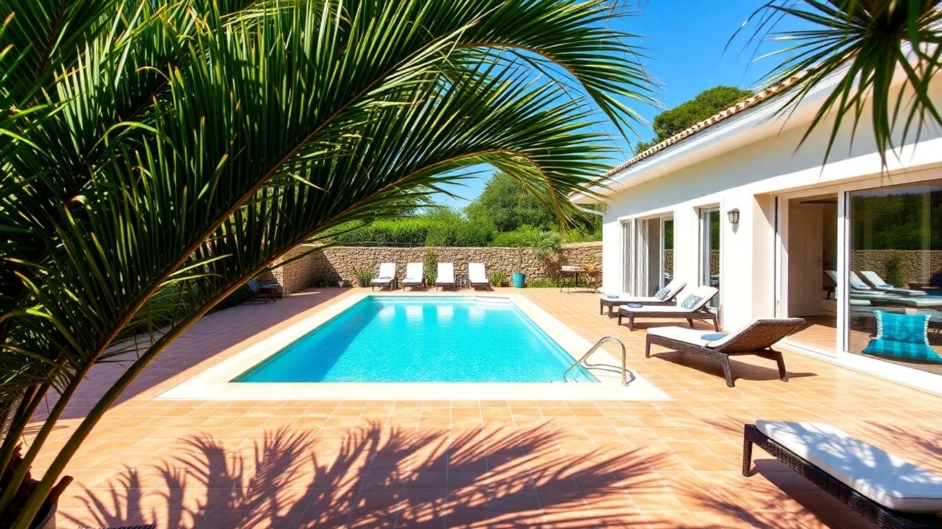 Villa Airbnb à Mandelieu avec piscine et palmiers.